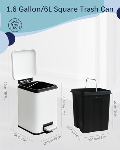 Bathroom Trash Can with Lid, 6 Liter / 1.6 Gallon Stainless Steel Trash Bin, White Garbage Can with Removable Inner Bucket, Perfect Square Step Bin for Kitchen, Bathroom, Office, Bedroom