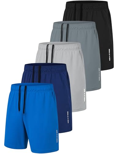 xtuwkzo Pantalones Cortos Hombre Deporte Gym con Bolsillos, Mens Shorts Deportivos Bermudas Hombre Pantalón Corto Deporte Pantalon Running, Pack de 5, Negro/Gris Oscuro/Azul Marino/Gris Claro/Azul XL