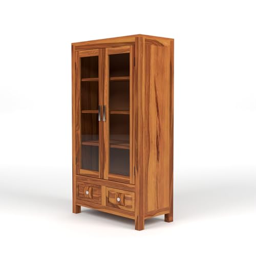 Image of Solid Sheesham Wood Book Cabinet with Acrylic Glass Doors | Rosewood Display Storage Unit with Shelves & Drawers for Home & Office (B-Honey Finish)