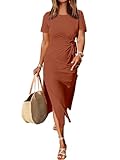 ANRABESS Women's 2025 Summer Maxi Tshirt Dress Short Sleeve Crewneck Tie Waist Casual Slim Fit Slit Spring Long Beach Dresses Brick Red Large