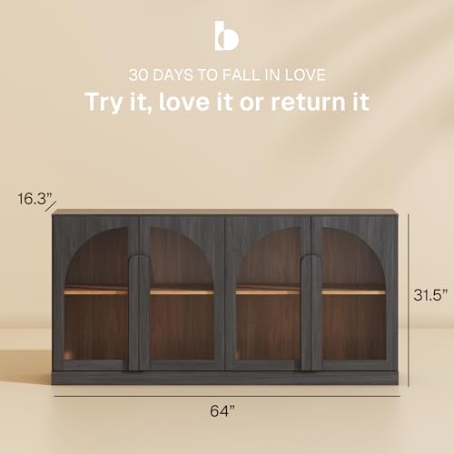 Image of BELLEZE Set of 2 Bijou 64 inch Modern Buffet Sideboard, Mid-Century Arched Glass Door Cabinet, Wood Grain Storage Console for Living Room, Kitchen, Entryway - Ebony