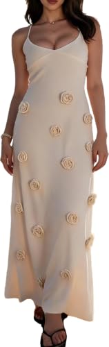 LOUSEA Women's 3D Floral Crochet Maxi Dress Spaghetti Strap Tie Waist Backless Bodycon Knit Beach Long Dress with Floral Applique for Summer Vacation Party Outfits (LS-1003-Apricot,S)