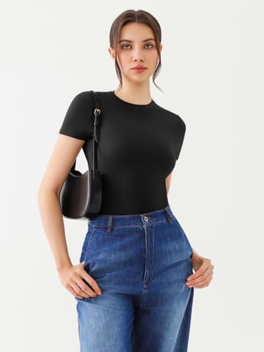 REORIA Women's Crew Neck Short Sleeve Tops Double Lined Slim Fit T Shirts Basic Tee2