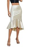 ALCEA ROSEA Women High Waist Satin Skirt Fishtail Silky Skirts Bodycon Stretchy Mermaid Pencil Midi Skirt (Gold Champagne,L)