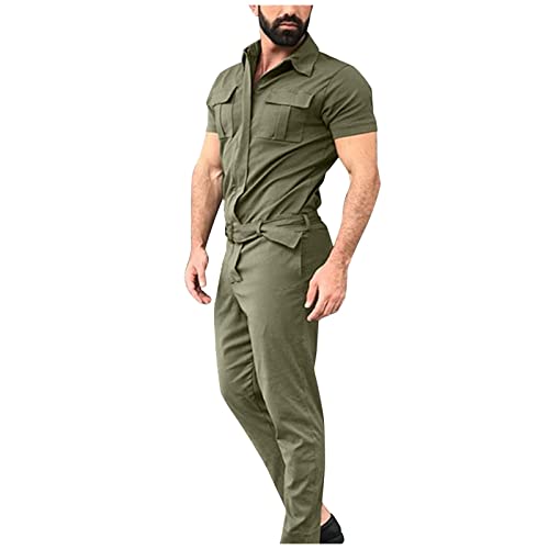 WENKOMG1 Casual Overalls for Men,Short Sleeve Zip Up Coverall Work Wear Casual Slim Fit Jumpsuit Construction Pants
