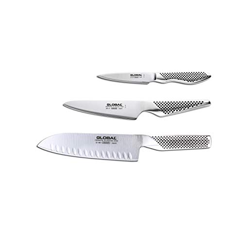Global G-80338-Juego de cuchillos de 3 piezas con Santoku – Suelo hueco, utilidad y cuchillo de pelar
