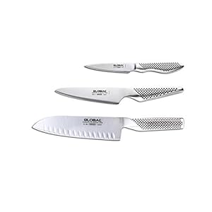 Global G-80338-3 Piece Knife Set with Santoku – Hollow Ground, Utility and Paring Knife