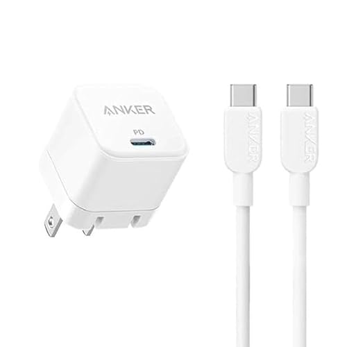 شاحن سريع مع قابس قابل للطي وكابل USB-C إلى C من انكر، مناسب لسلسلة آيفون 15 وأجهزة جالاكسي وموبايلات بكسل واي باد وغيرهم، لون أبيض، 20 وات