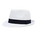 Sandy Ting Kids Boys Girls Summer Panama Straw Fedora Hat Short Brim Beach Sun Cap (White)