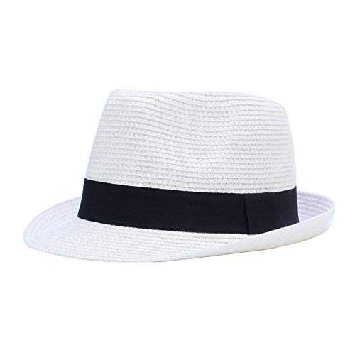 Sandy Ting Kids Boys Girls Summer Panama Straw Fedora Hat Short Brim Beach Sun Cap (White) #TOP29