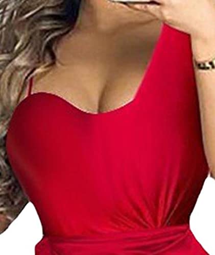 Image of xxxiticat Women's Ruched Midi Dress Sleeveless Spaghetti Straps One Shoulder Asymmetric High Split Slip Party Dress