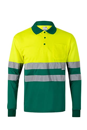 Velilla 175; Polo Bicolor Manga Larga; Color Verde y Amarillo Flúor, Talla L