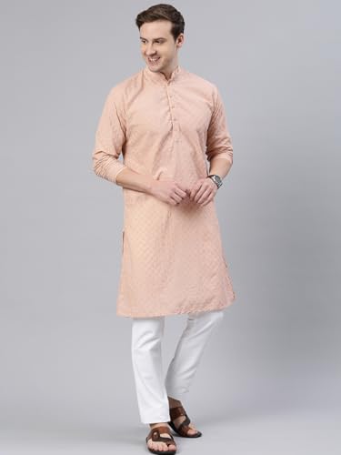 Image of Majestic Man Men's Cotton Blend Regular Fit Casual Polyester Mandarin Collar Ethnic Motifs Embroidered Long Regular Kurta