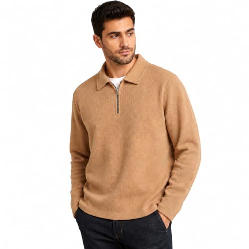 Image of Men's Beige Textured Quarter Zip Polo T-Shirt
