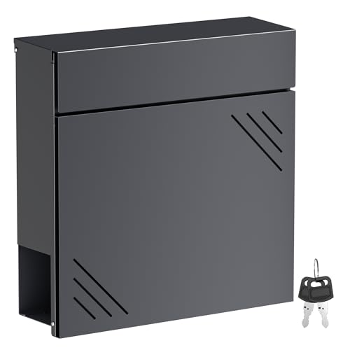 Wiltec Boîte aux Lettres Anthracite V63 en Acier 37 x 11 x 37 cm, boîte Postale Murale avec Compartiment à journaux et clés