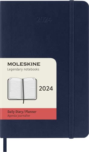 Moleskine Agenda Quotidien 12 Mois 2024, Agenda 2024, Format Pocket 9x14, Couverture Souple et Fermeture Elastique, Couleur Bleu Saphir