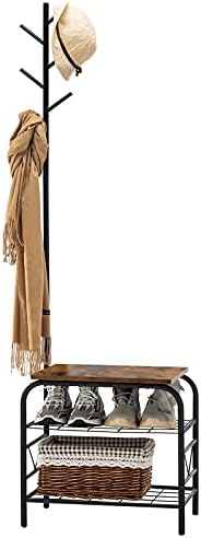 YOUDENOVA Small Coat Rack with Bench, Entryway Bench with Coat Rack, Multifunctional Coat Tree for Living Room, Bedroom, Black