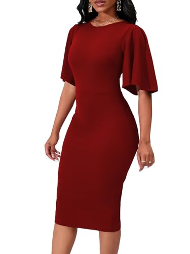 Image of WanMem Womens Basic Bodycon Ruffle Flared Short Sleeve Pencil Midi Dress