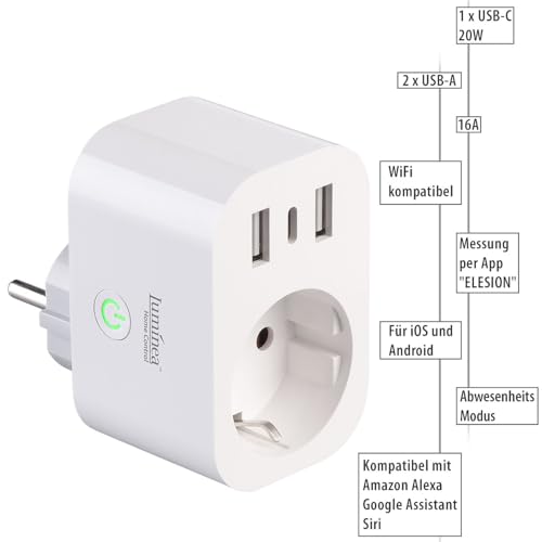 Luminea Home Control Ladestation: WLAN-Steckdose mit Energiekostenmesser, 1 x USB-C 20W, 2 x USB-A, 16A (Steckdosen Zeitschaltuhr App, WLAN-Steckdosen mit Buchse, Bedienungsanleitung)