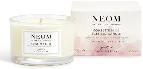 NEOM- Complete Bliss Scented Candle, Travel Size | Blush Rose, Lime & Black Pepper | Essential Oil Aromatherapy Candle | Scent to De-Stress
