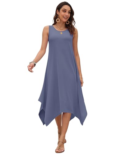 Image of AUSELILY Women's Summer Dresses Casual Sleeveless Midi Dress with Pockets | Crew neck tank dress with asymmetrical hem, ideal for beach, vacation, and daily wear