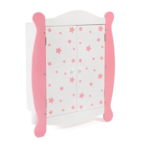 Bayer Chic 2000 - Puppenkleiderschrank mit Kleiderstange und Kleiderb&uuml;gel, Puppenschrank, Puppenm&ouml;bel, Stars pink, 22 x 46 x 59 cm