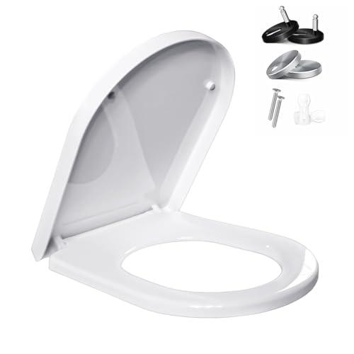 Tapa WC Universal en Forma D, Asiento de Inodoro con Cierre Suave Silencioso y Liberación Rápida para Fácil Limpieza, Blanco, Antibacteriano