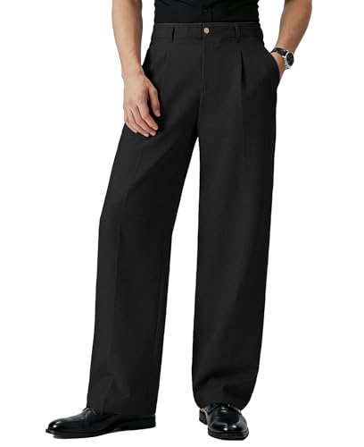 Image of FEDTOSING Mens Baggy Casual Dress Trousers Elastic Waist Wide Leg Stylish Trouser for Men Relaxed Fit Office Linen Pants Men Black