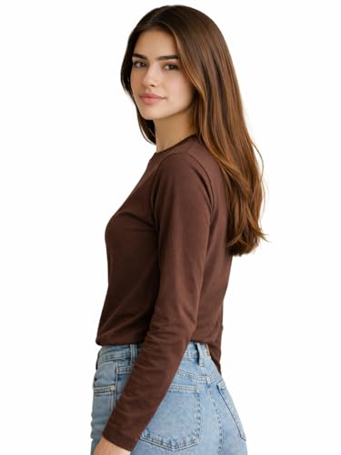 Image of JUNEBERRY Pure Cotton Round Neck Regular Fit Core Fashion Solid Full Sleeve T-Shirt for Women & Girls (Colors: Black, Cork, Green, Navy, Swanwhite & White)
