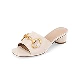 Coutgo Womens Heeled Slides Sandals Square Open Toe Chunky Block Kitten Low Heel Metal Chain Dressy Shoes