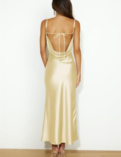Image of Summer Satin Spaghetti Strap Cowl Neck Backless Midi Dresses for Women Elegant Tie Low Back Ruched Cocktail Dress