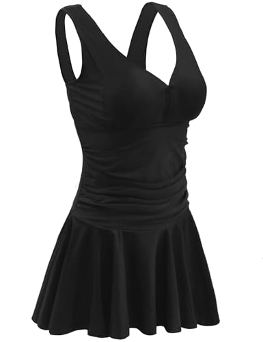 AONTUS Chlorine Resistant Swimsuits Plus Size One Piece for Older Women with Tummy Control Removable Cups Classic Black XL