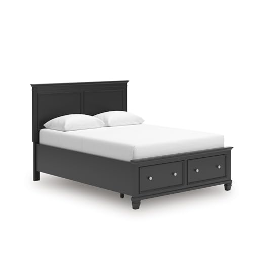 Image of Signature Design by Ashley Queen Bed Frame with Storage, Black | Platform bed with extra-deep front drawers, Hardwood solids, birch veneer and MDF substrate construction, Lanolee Series