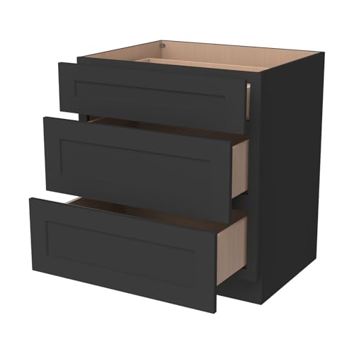 CozyHommie Shaker Style Charcoal Black RTA Base Cabinet with Drawers- Solid Wood 3-Drawer Design with Soft Close, 21