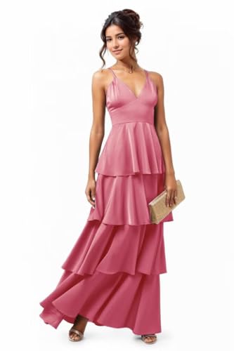 Spaghetti Straps V-Neck Bridesmaid Dresses for Wedding Ruffle Pleated Satin Tiered Formal Party Evening Gowns4