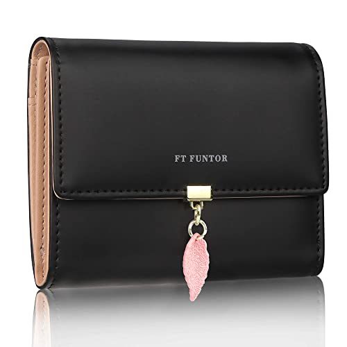 FT FUNTOR RFID Wallets for Women, Leaf Card Holder Trifold Ladies Wallets Coins Zipper Pocket with ID Window Small Black