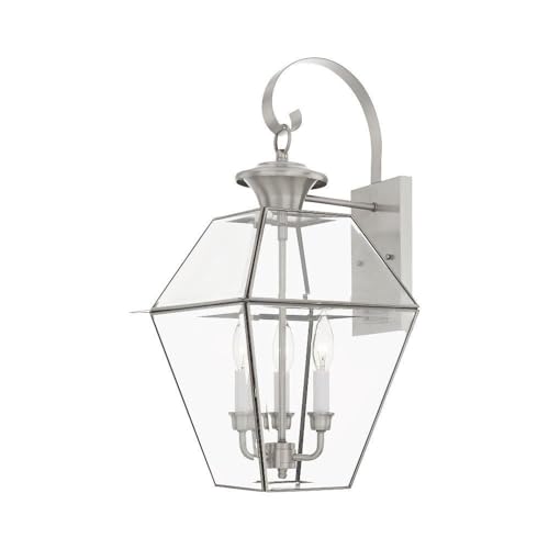 Image of Livex Lighting 2381-91 3-Light Outdoor Wall Lantern, Brushed Nickel | Transitional design