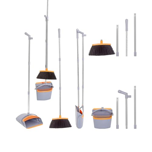 K-ONE Long Handle Broom and Dustpan Set Comb Dustpan for Home Room Kitchen Dustpan with Broom (Orang-Grey)