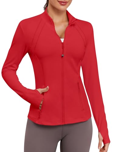VUTRU Women Cropped Athletic Zip Up Jacket Lightweight Workout Plus Size Fall Coat with Thumb Holes for Gym Yoga Running Red M