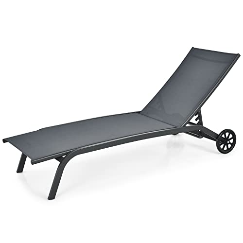 GOPLUS Sonnenliege, Gartenliege aus Metall bis 150kg belastbar, Liegestuhl mit Rollen, Relaxliege mit 6-stufig Verstellbarer Rückenlehne, Sonnenliege für Terrasse, Garten, Pool (Grau)