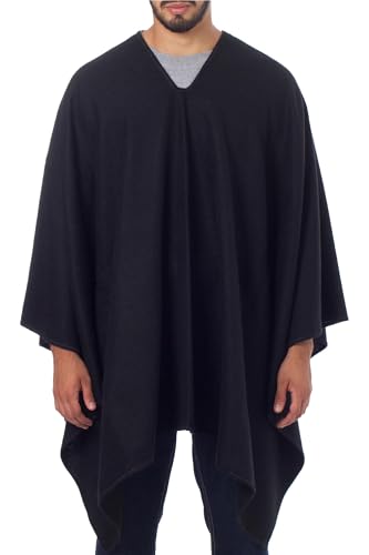 NOVICA Artisan Handmade Men's Alpaca Blend Poncho Peruvian for in Warm Wool Acrylic Clothing Black Solid ' Inca Explorer in Black'