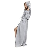 7 VEILS Womens MicroFleece Ultra Long Robes Floor-Length Hooded Bathrobes Lounge wear - Light Gray for Women - L