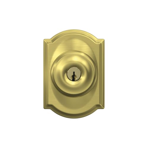 Image of SCHLAGE Georgian Keyed Entry Door Knob, Interior /Exterior, Satin Brass | Keyed entry door knob with turn-button lock, Easy to install, Certified security & durability, Universal fit, 2 keys