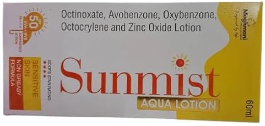 Meghmani All Sunmist Aqua Lotion SPF 50,UVA+UVB Protection,Octinoxate and Zinc Oxide (60ml)