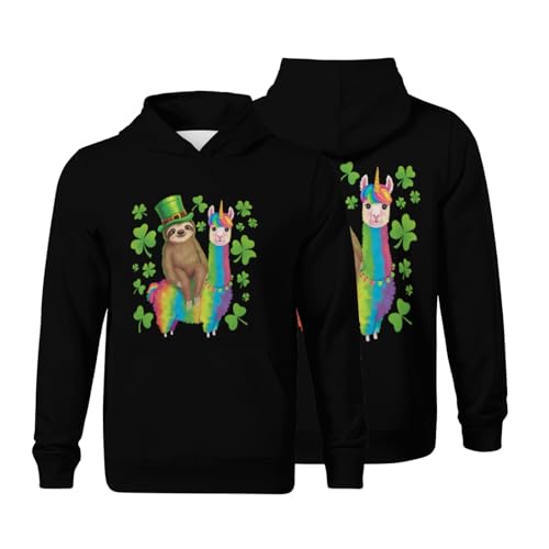 Kids Funny St Patricks Day Sloth Riding Llama Unicorn Boys Girls Lightweight Kangaroo Pocket Fleece Hoodies