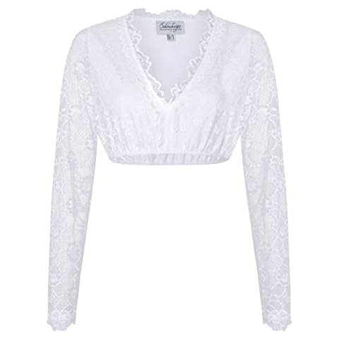 Schöneberger Trachten Couture Dirndlbluse aus Spitze Weiss & Teil-transparent - Exklusive Damen Langarm Dirndl Bluse Jara Cover