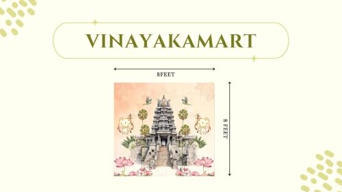 Image of laxmi Devi Backdrop Cloth | Traditional Peach Theme with a Stone Temple Gopuram, Flying Green Parrots, Palm Trees, Holy Cows, and Pink Blooming Lotuses Backdrop | Pooja Backdrop Cloth 8 ft x 8 ft