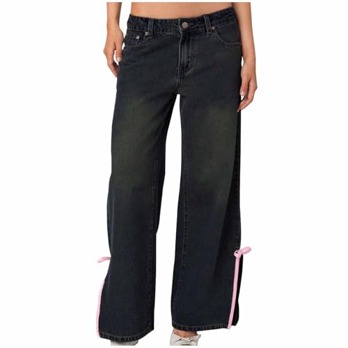 Straight Leg Jeans for Women High Waisted Baggy Jeans Side Slit Bow Wide Leg Loose Y2K Teen Girl Boyfried Denim Pants