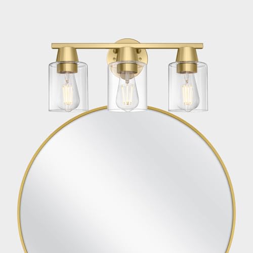 Image of Modern Wall Sconces Lighting with Brass Finished Clear Glass Shade, Matte Gold 3 Vanity Light Over Mirror, Industrial Bathroom Light Fixtures for Living Room Hallway Kitchen Porch E26 Base