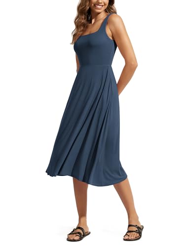 Image of ODODOS Square Neck Midi Dress with Pockets for Women Summer Casual Sleeveless Sundress Flare Tank Dress